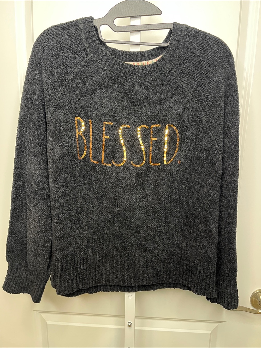Rae Dunn Black Knit Sweater with Gold 'BLESSED' Script Medium